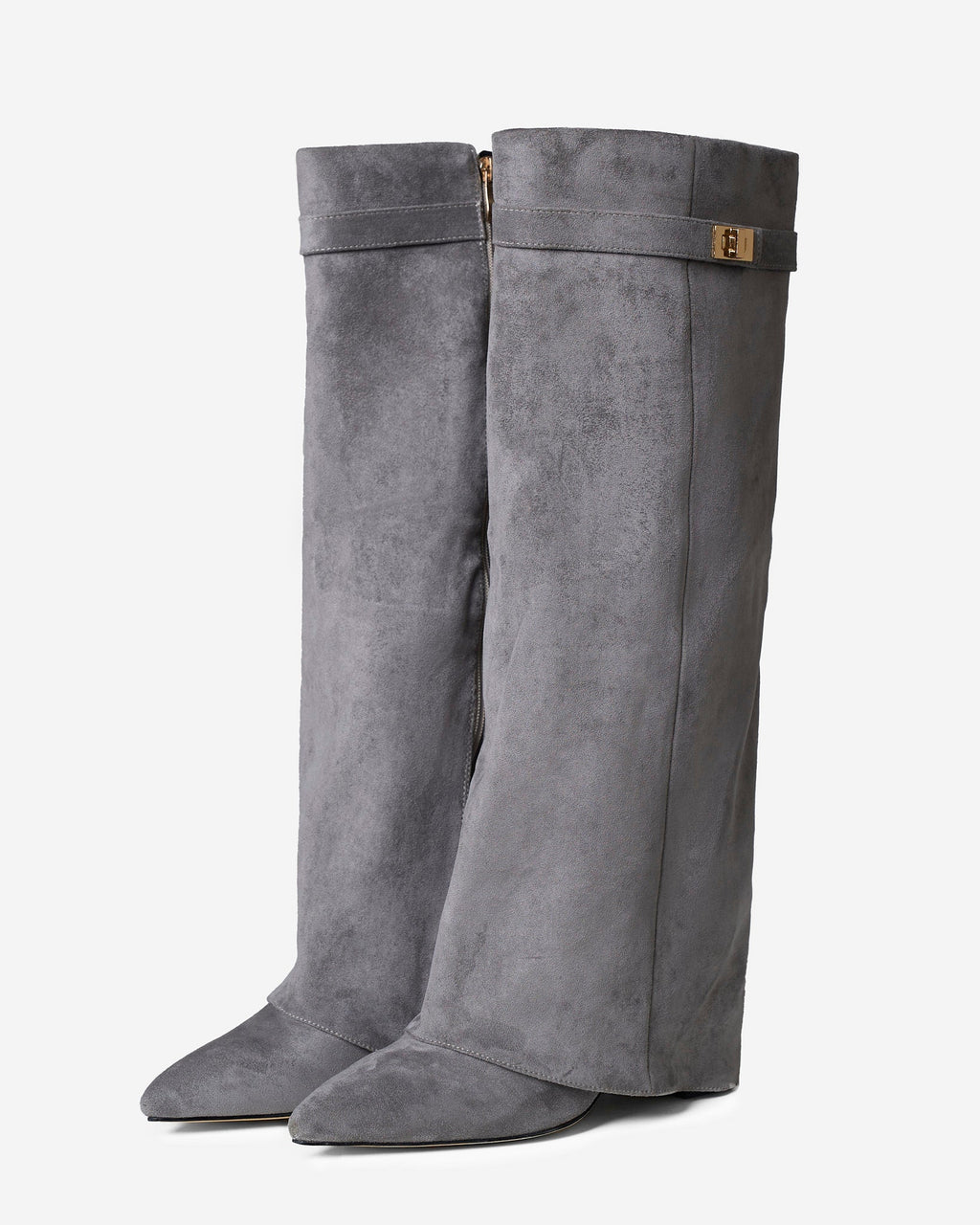 Women's Grey Suede Knee-High Boots with Buckle & Hidden Heel
