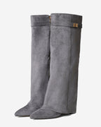 Women's Grey Suede Knee-High Boots with Buckle & Hidden Heel