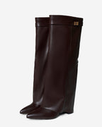 Women's Dark Brown Leather Knee-High Boots with Buckle & Hidden Heel