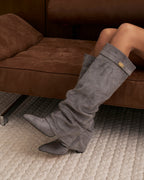 Women's Grey Slouchy Suede Knee-High Boots with Buckle & Hidden Heel