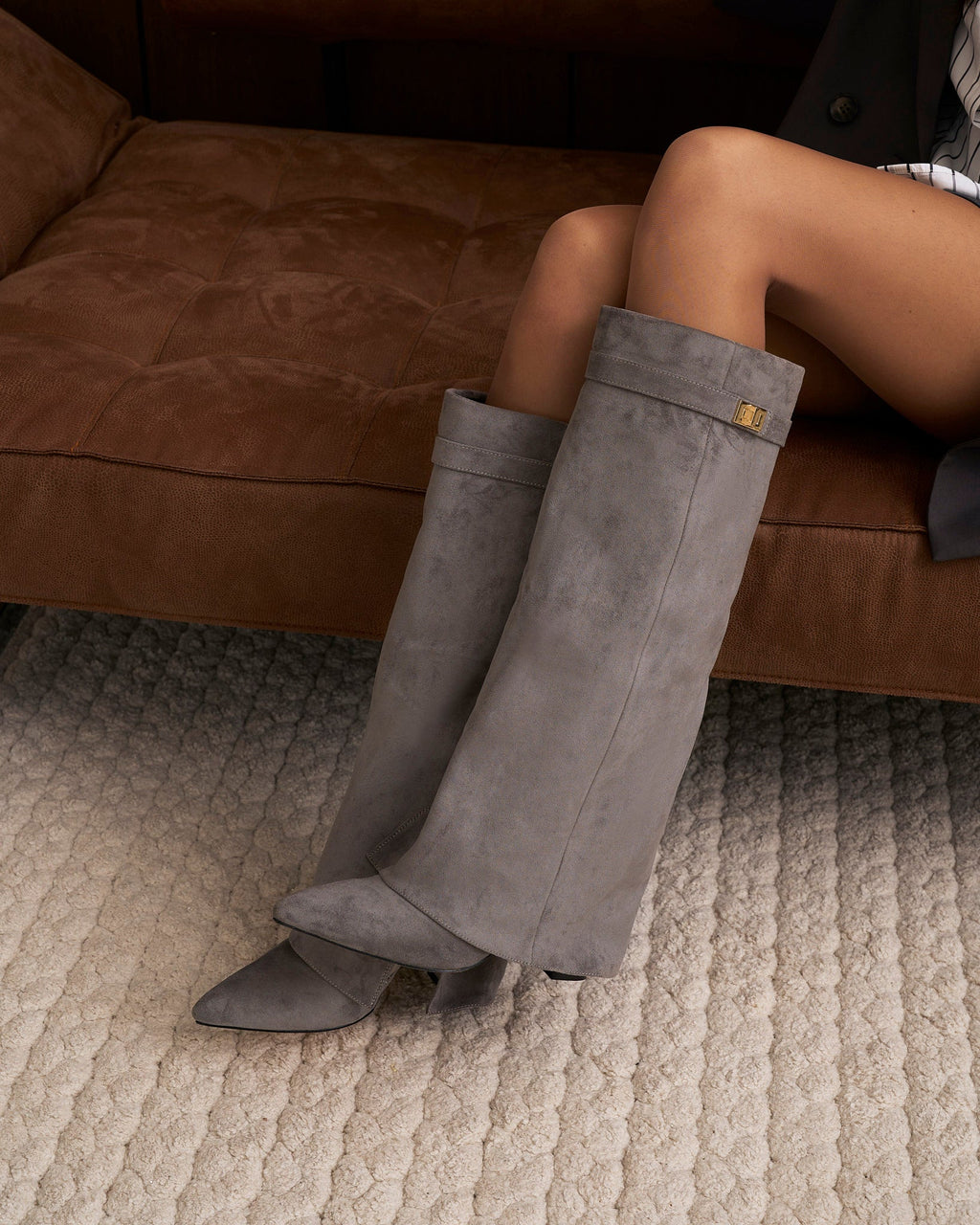 Women's Grey Suede Knee-High Boots with Buckle & Hidden Heel