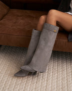 Women's Grey Suede Knee-High Boots with Buckle & Hidden Heel