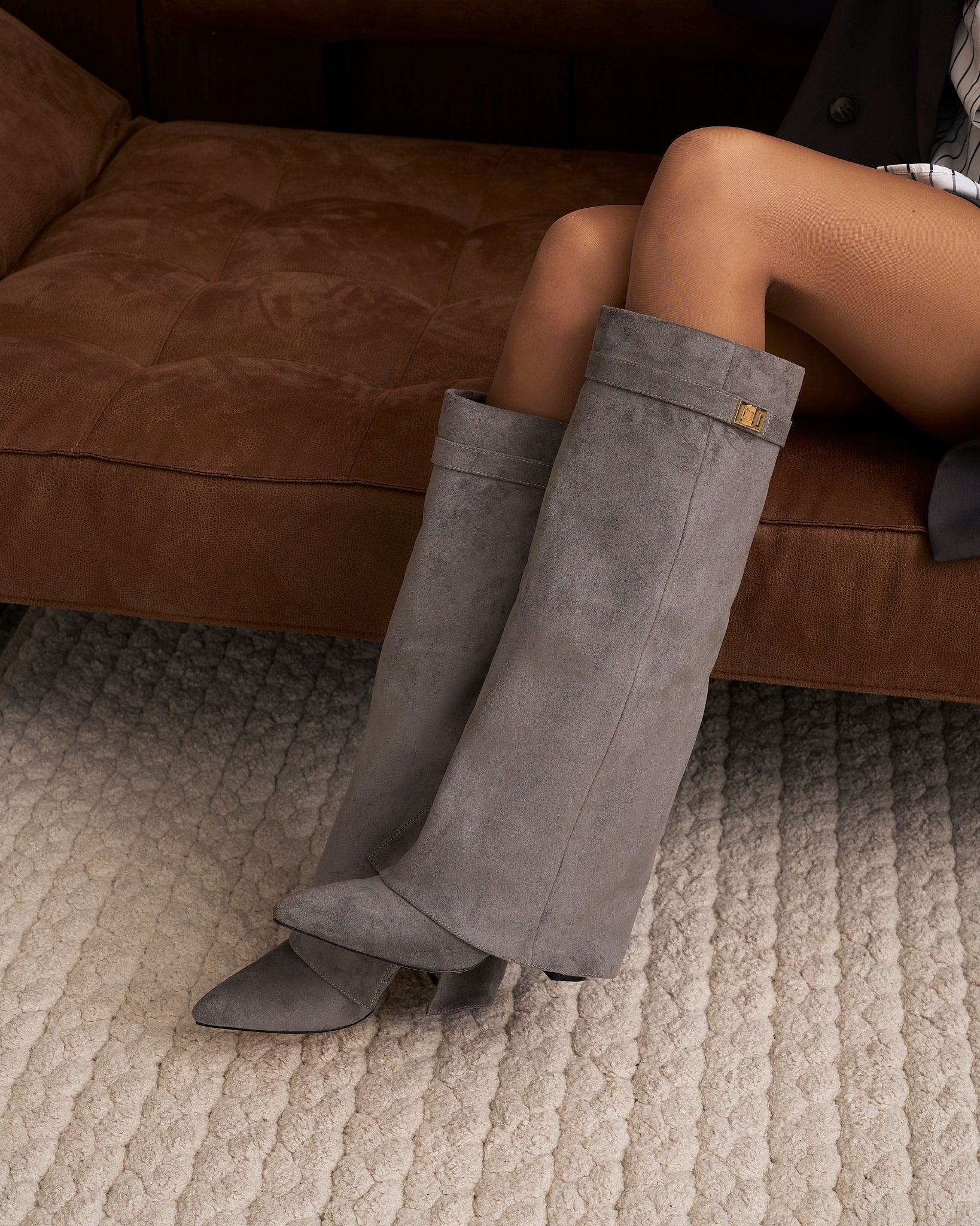 Women's Grey Suede Knee-High Boots with Buckle & Hidden Heel