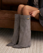 Women's Grey Suede Knee-High Boots with Buckle & Hidden Heel
