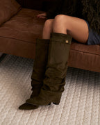 Women's Olive Green Slouchy Suede Knee-High Boots with Buckle & Hidden Heel