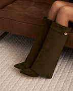 Women's Olive Green Suede Knee-High Boots with Buckle & Hidden Heel