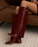 Women's Burgundy Leather Knee-High Boots with Buckle & Hidden Heel