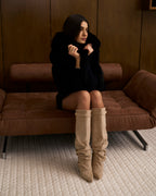 Women's Beige Slouchy Suede Knee-High Boots with Buckle & Hidden Heel
