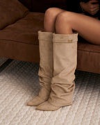 Women's Beige Slouchy Suede Knee-High Boots with Buckle & Hidden Heel