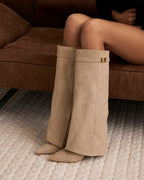 Women's Beige Suede Knee-High Boots with Buckle & Hidden Heel