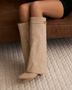 Women's Beige Suede Knee-High Boots with Buckle & Hidden Heel