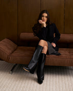Women's Black Leather Knee-High Boots with Buckle & Hidden Heel