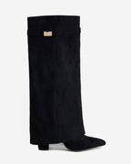 Women's Black Suede Knee-High Boots with Buckle & Hidden Heel