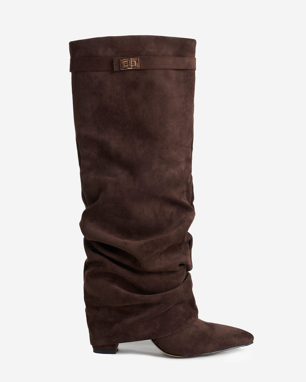 Women's Dark Brown Slouchy Suede Knee-High Boots with Buckle & Hidden Heel