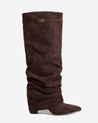 Women's Dark Brown Slouchy Suede Knee-High Boots with Buckle & Hidden Heel