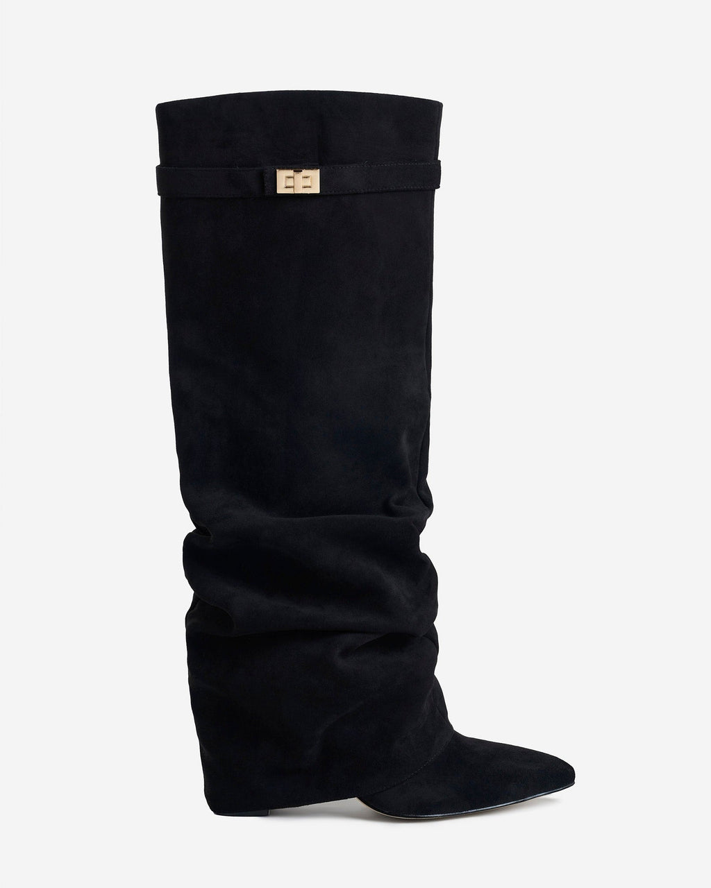 Women's Black Slouchy Suede Knee-High Boots with Buckle & Hidden Heel
