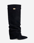 Women's Black Slouchy Suede Knee-High Boots with Buckle & Hidden Heel