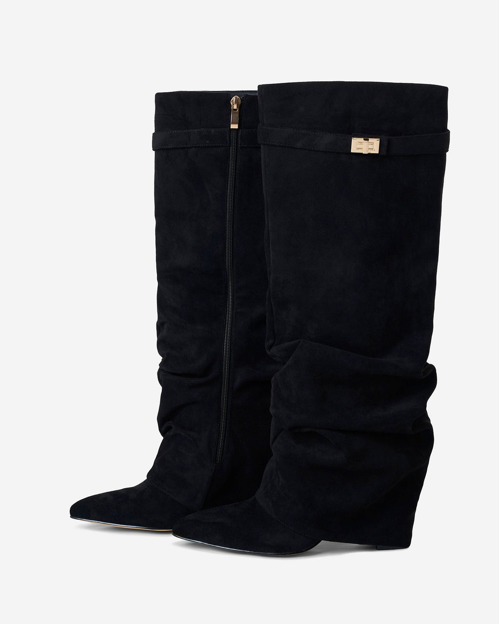 Women's Black Slouchy Suede Knee-High Boots with Buckle & Hidden Heel