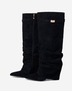 Women's Black Slouchy Suede Knee-High Boots with Buckle & Hidden Heel