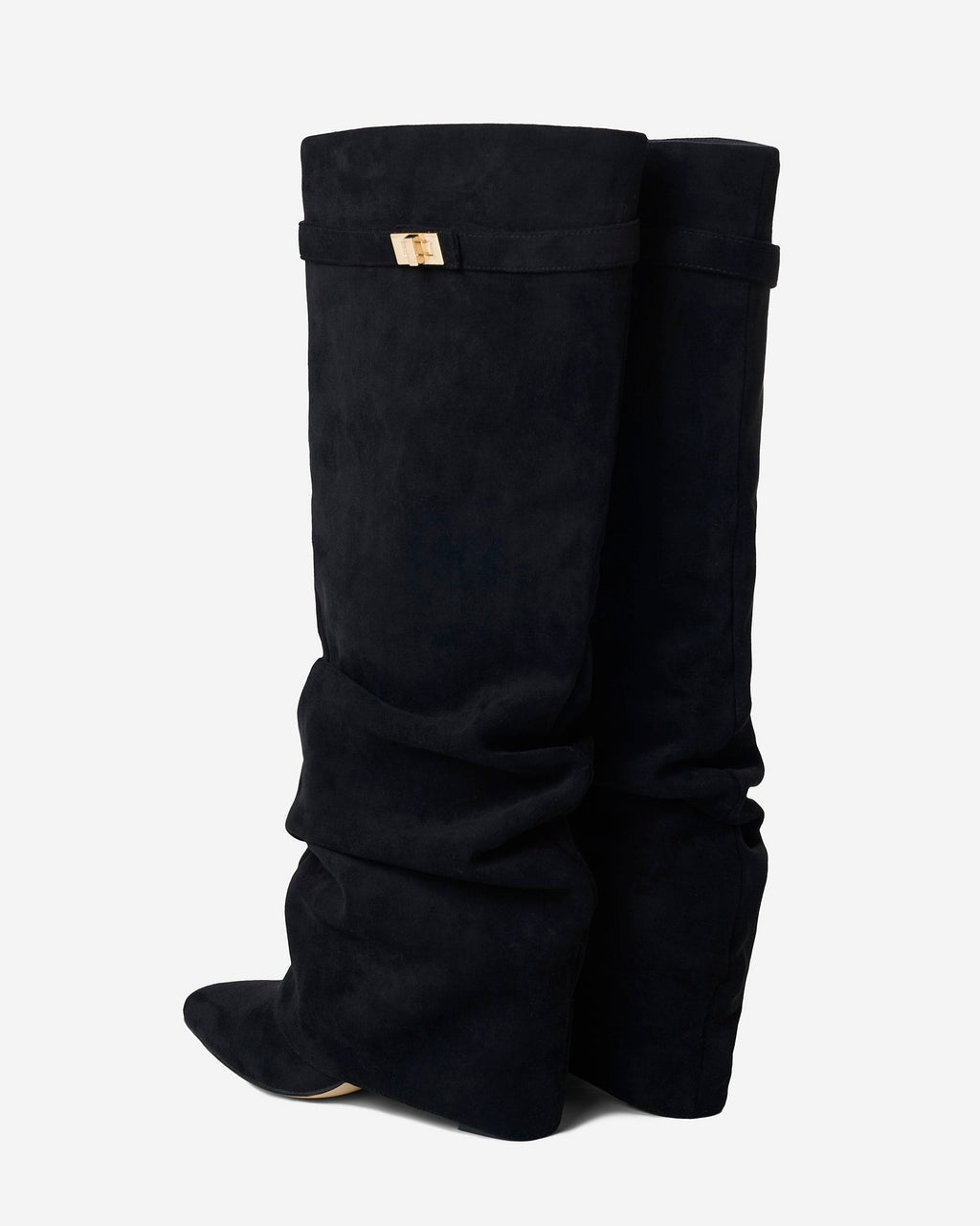 Women's Black Slouchy Suede Knee-High Boots with Buckle & Hidden Heel