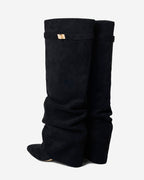 Women's Black Slouchy Suede Knee-High Boots with Buckle & Hidden Heel
