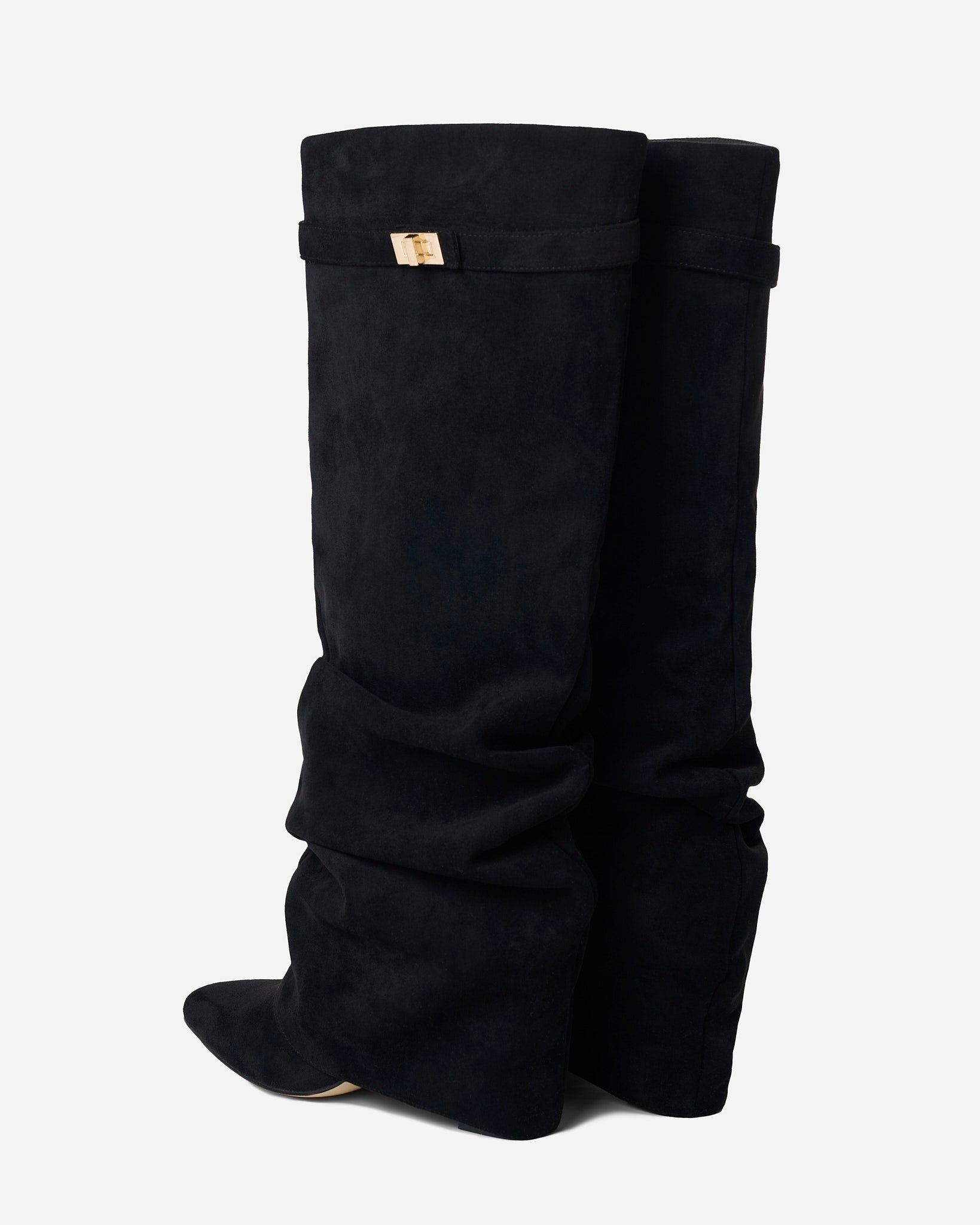 Women's Black Slouchy Suede Knee-High Boots with Buckle & Hidden Heel