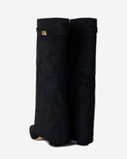 Women's Black Suede Knee-High Boots with Buckle & Hidden Heel