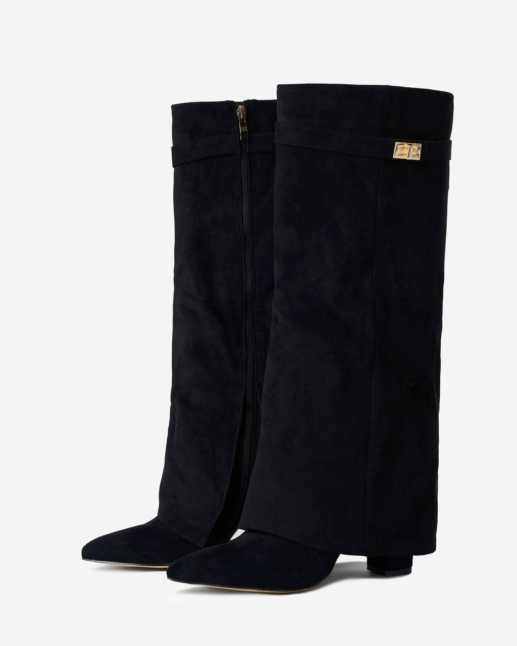 Women's Black Suede Knee-High Boots with Buckle & Hidden Heel
