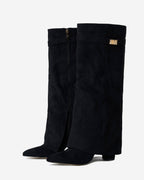 Women's Black Suede Knee-High Boots with Buckle & Hidden Heel