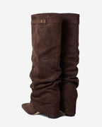 Women's Dark Brown Slouchy Suede Knee-High Boots with Buckle & Hidden Heel