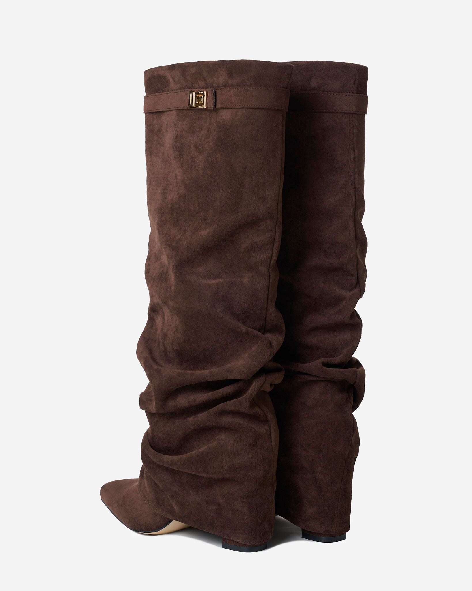 Women's Dark Brown Slouchy Suede Knee-High Boots with Buckle & Hidden Heel