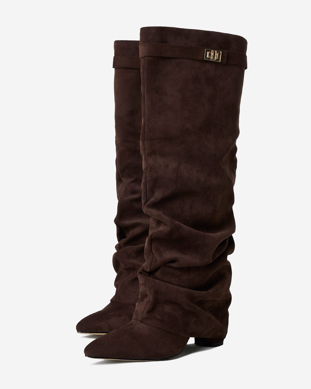 Women's Dark Brown Slouchy Suede Knee-High Boots with Buckle & Hidden Heel