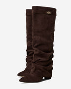 Women's Dark Brown Slouchy Suede Knee-High Boots with Buckle & Hidden Heel