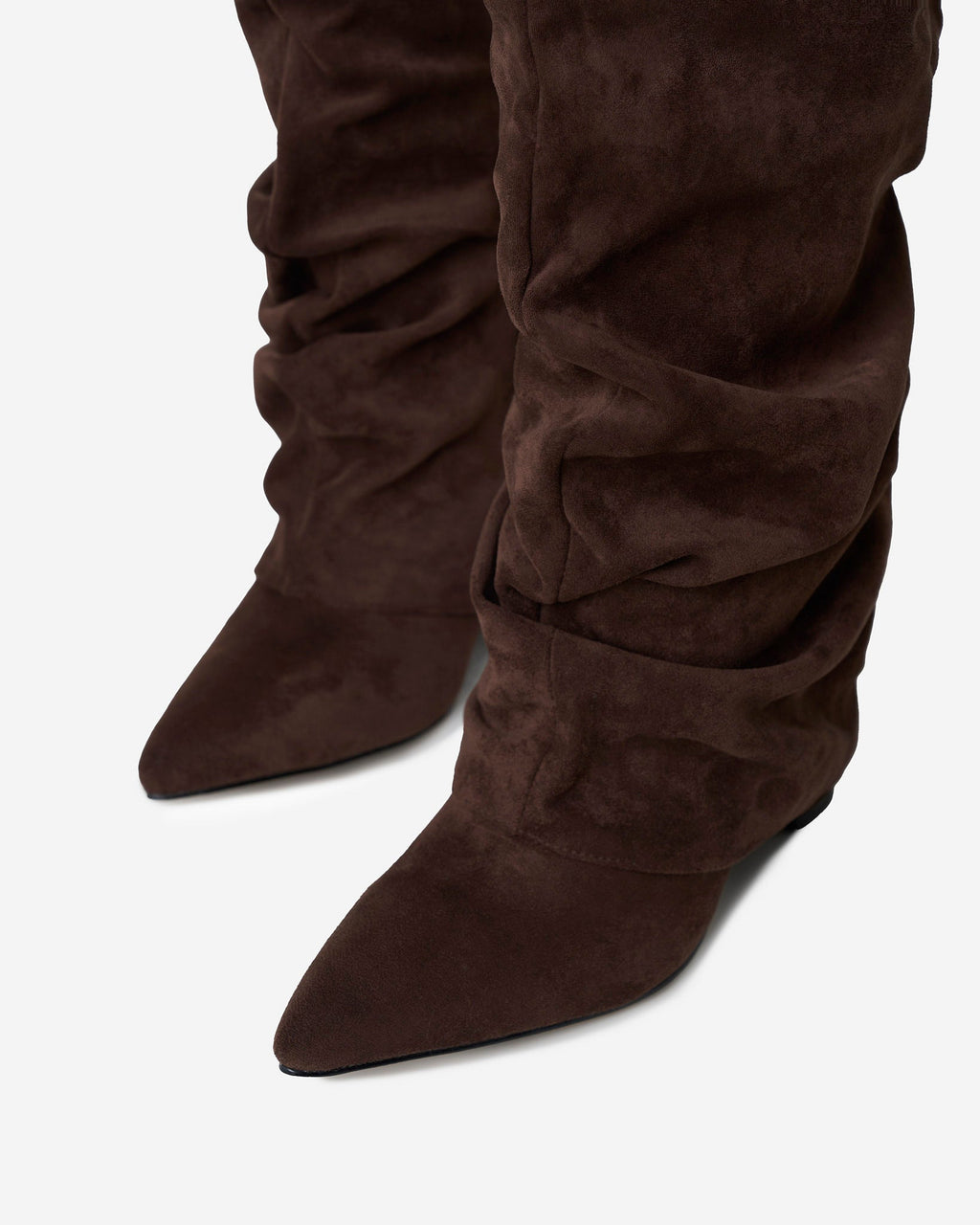 Women's Dark Brown Slouchy Suede Knee-High Boots with Buckle & Hidden Heel