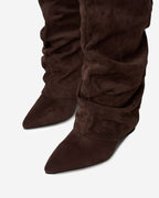 Women's Dark Brown Slouchy Suede Knee-High Boots with Buckle & Hidden Heel