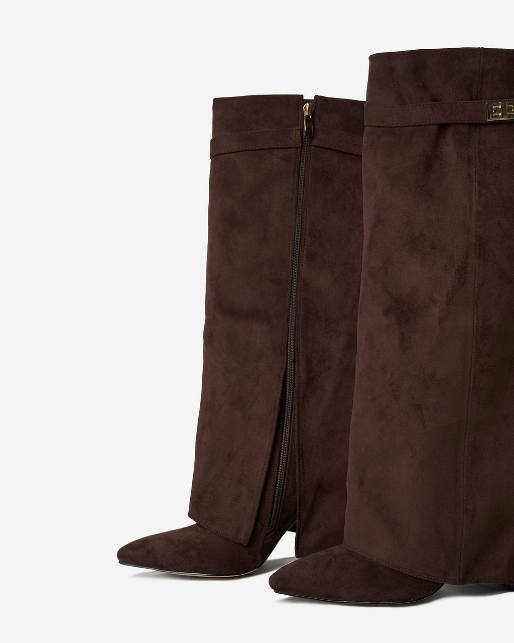 Women's Dark Brown Suede Knee-High Boots with Buckle & Hidden Heel