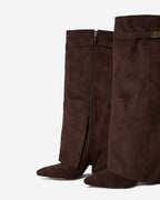 Women's Dark Brown Suede Knee-High Boots with Buckle & Hidden Heel