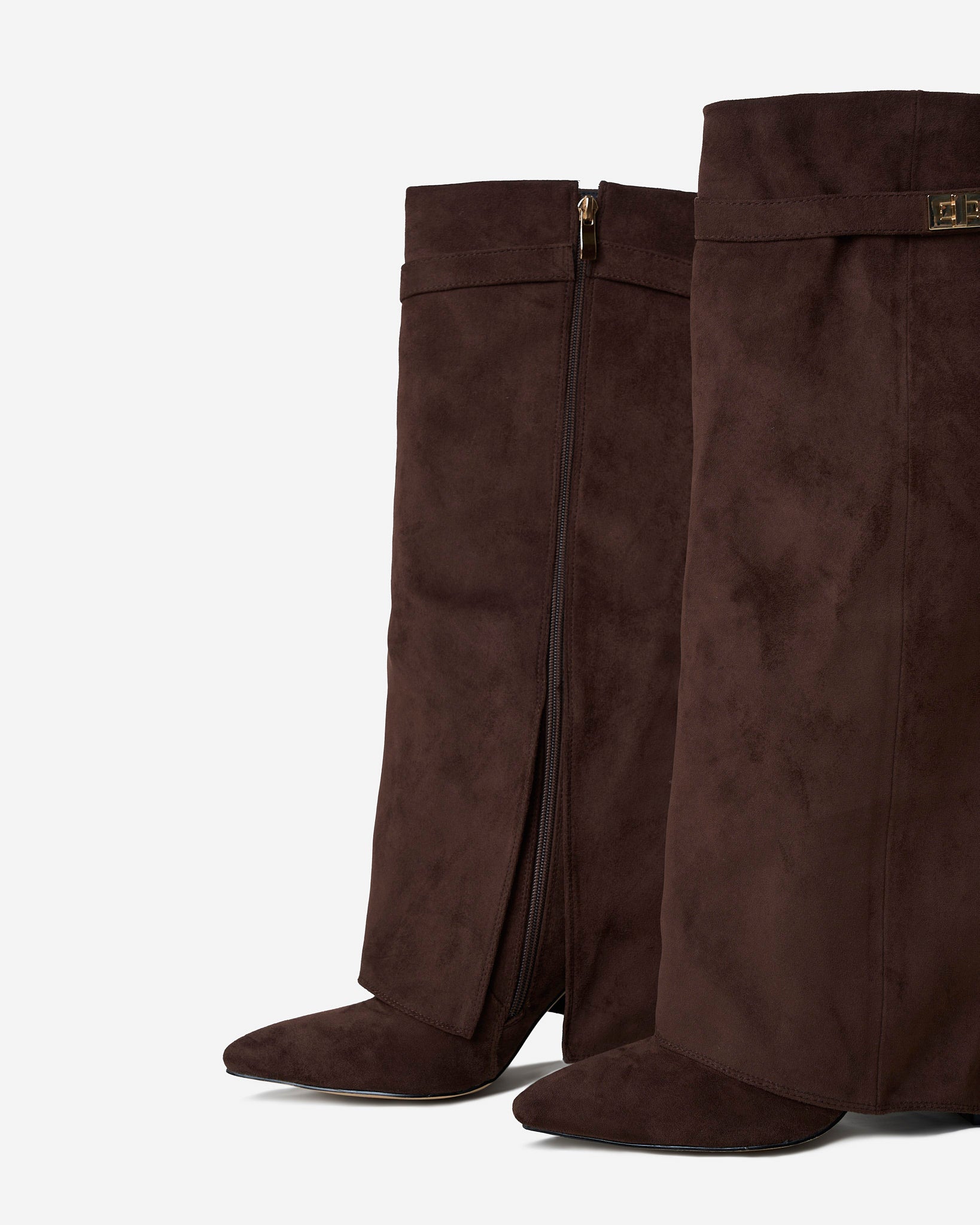 Women's Dark Brown Suede Knee-High Boots with Buckle & Hidden Heel