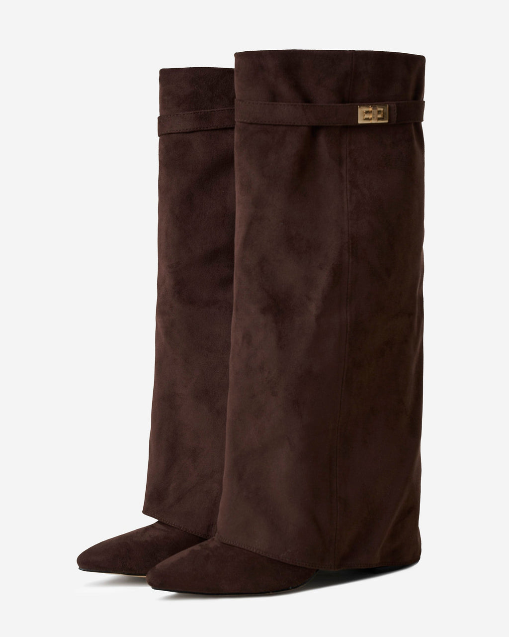 Women's Dark Brown Suede Knee-High Boots with Buckle & Hidden Heel