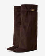 Women's Dark Brown Suede Knee-High Boots with Buckle & Hidden Heel