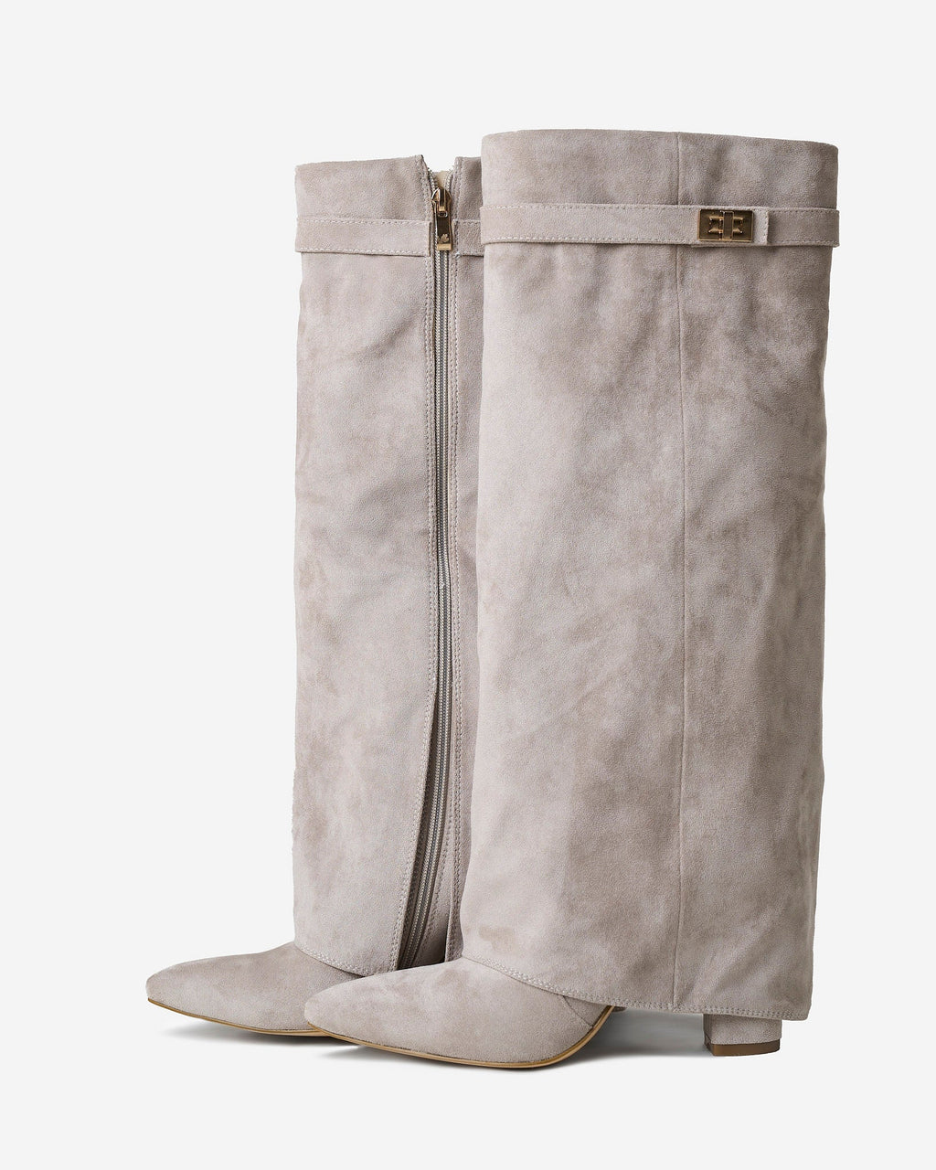 Women's Taupe Suede Knee-High Boots with Buckle & Hidden Heel