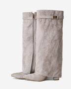 Women's Taupe Suede Knee-High Boots with Buckle & Hidden Heel