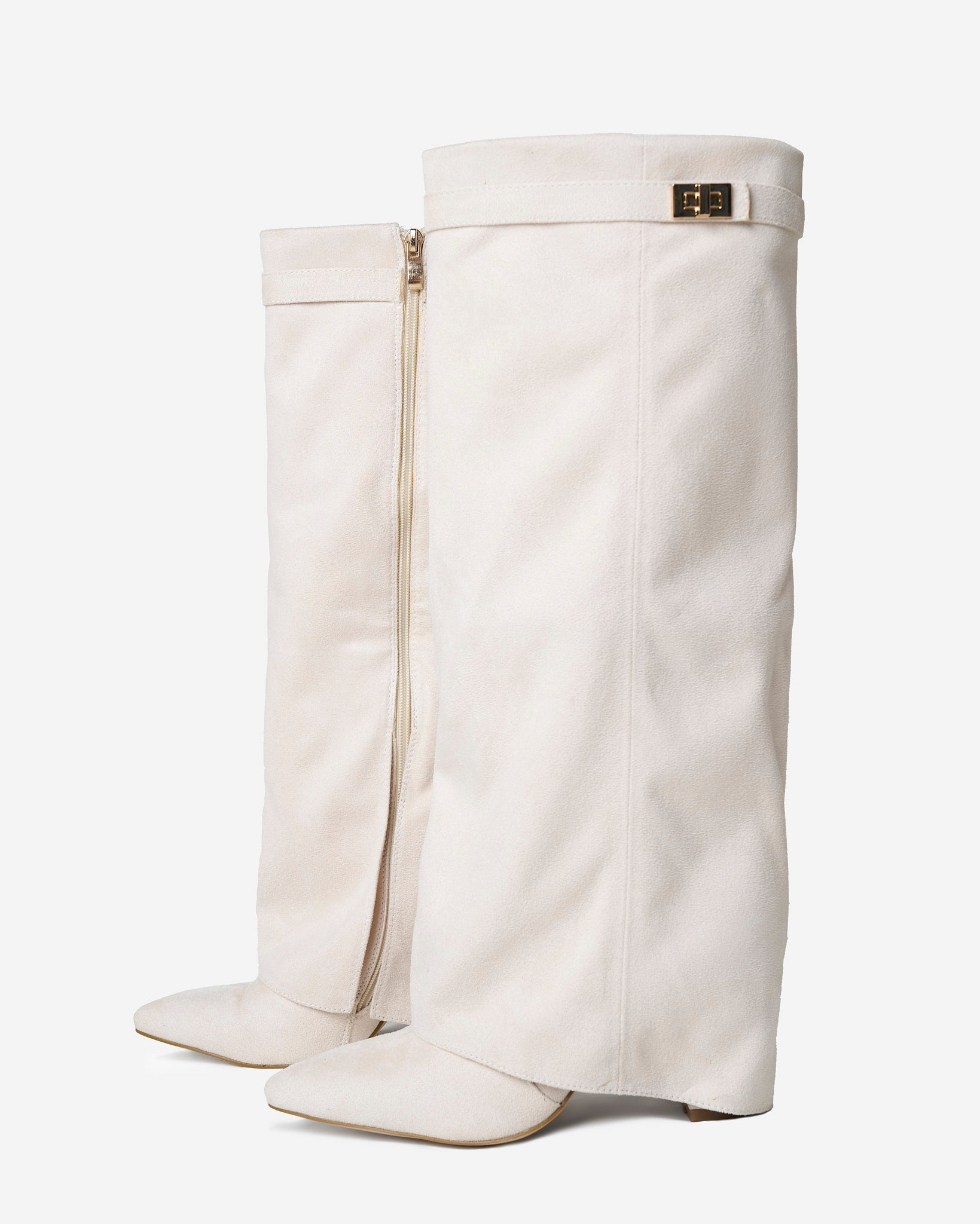 Women's Creamy Suede Knee-High Boots with Buckle & Hidden Heel
