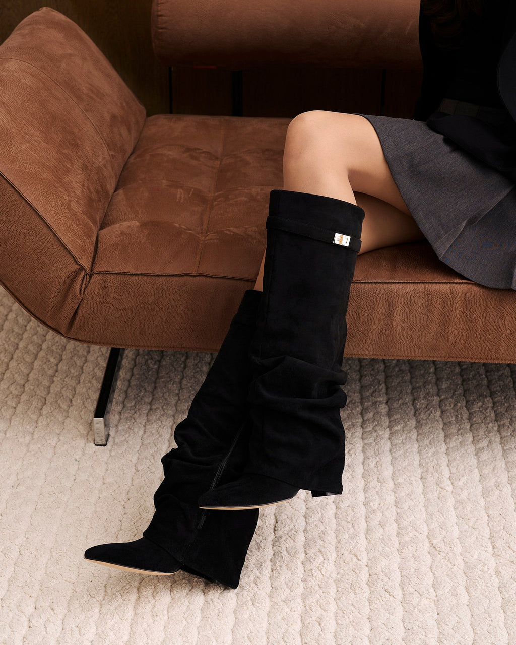 Women's Black Slouchy Suede Knee-High Boots with Buckle & Hidden Heel