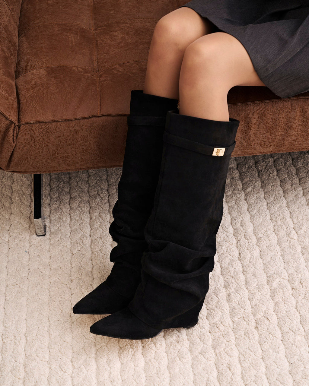 Women's Black Slouchy Suede Knee-High Boots with Buckle & Hidden Heel