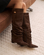 Women's Dark Brown Slouchy Suede Knee-High Boots with Buckle & Hidden Heel