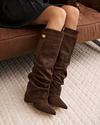 Women's Dark Brown Slouchy Suede Knee-High Boots with Buckle & Hidden Heel