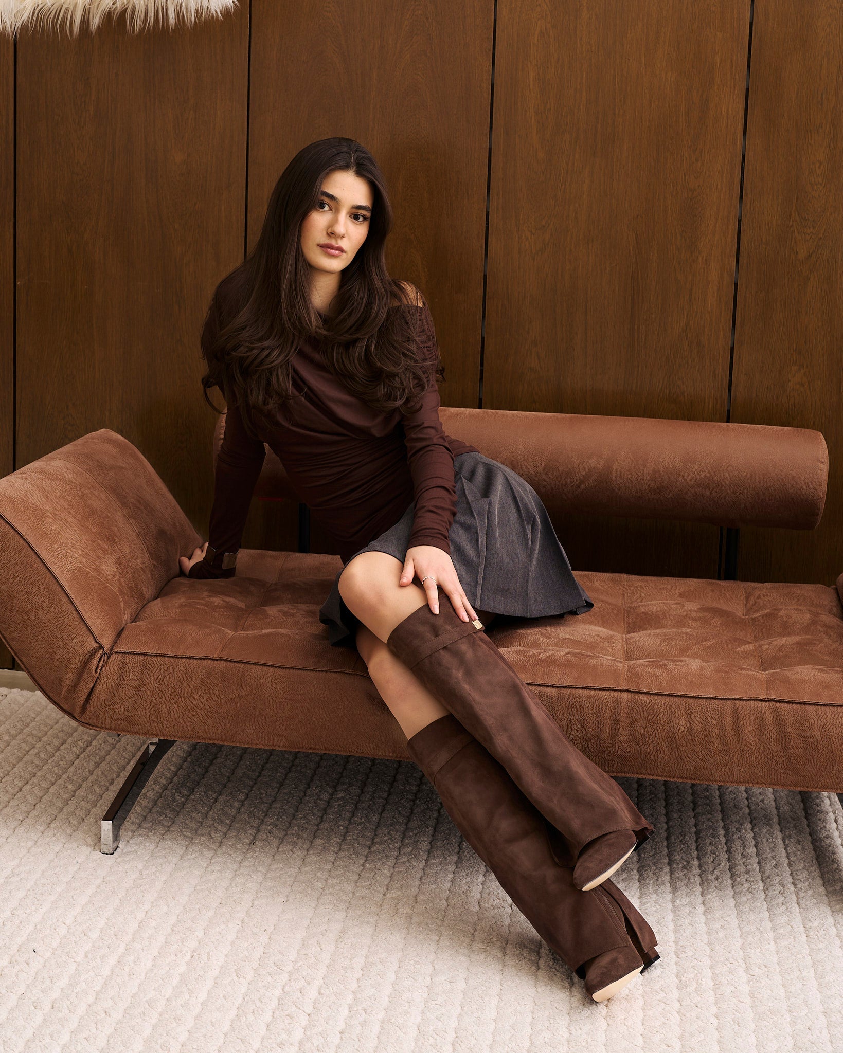 Women's Dark Brown Suede Knee-High Boots with Buckle & Hidden Heel