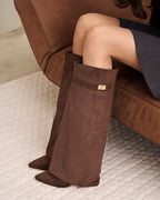 Women's Dark Brown Suede Knee-High Boots with Buckle & Hidden Heel