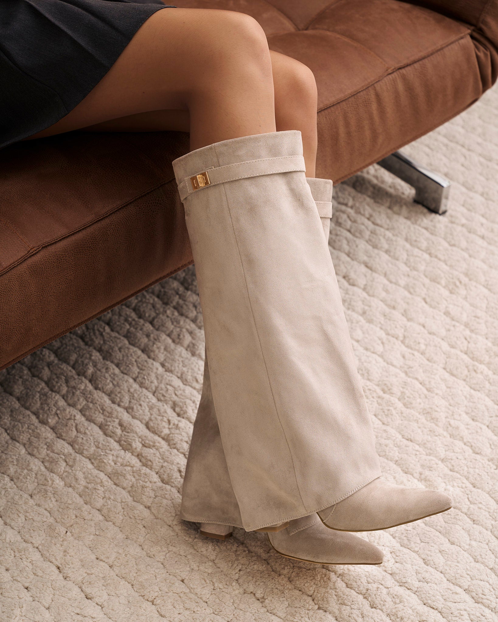 Women's Taupe Suede Knee-High Boots with Buckle & Hidden Heel